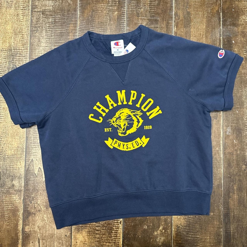 Champion Navy Blue Short Sleeved Crewneck Sweatshirt with Yellow Logo